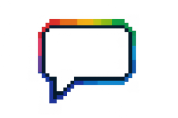 Rainbow pixel art speech bubble symbol, illustrating chat, communication, and dialogue on transparent background