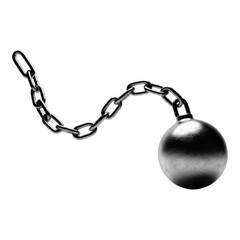 Metal ball and chain isolated on transparent background, a symbol of imprisonment