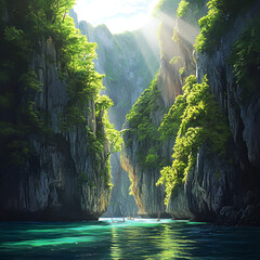 Limestone Cliffs and Green Forest, Sunlit Limestone Cliffs," "Green Forest Canyon," "Mountainous Limestone Landscape," "Limestone Cliffs by the Sea," "Natural Limestone Formation," "Lush Canyon with S