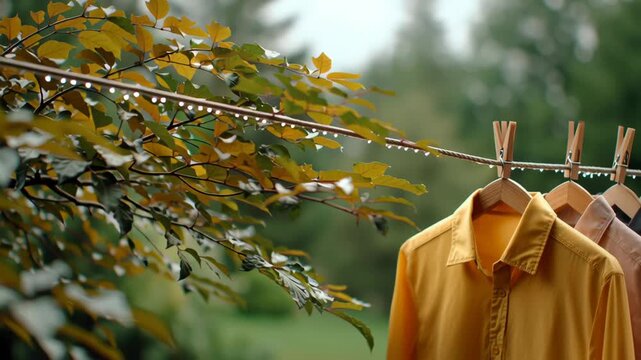 Shirts hanging on a line in a natural setting.
