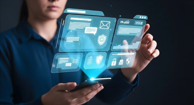 Woman Managing Digital Communication and Data Security on Smartphone