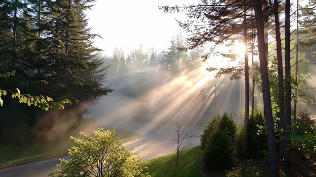 Misty morning light through the trees.