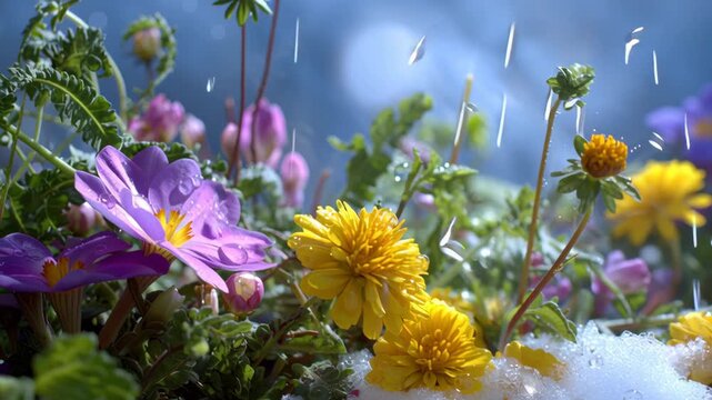 Vibrant flowers bloom in snow-covered ground.