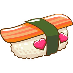 Pixel Art Sushi Nigiri With Two Pink Hearts On White Rice And Dark Green Nori Band On Transparent Background Detailed And Cute