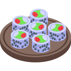 Pixel Art Sushi Rolls With Green Filling And Red Center On A Wooden Plate Isolated On A Transparent Background