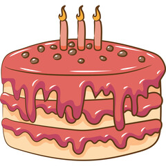 Pixel Art Three Layered Pink Frosted Cake with Chocolate Chips and Three Burning Candles on Top Decorated with Drips Against a Transparent Background