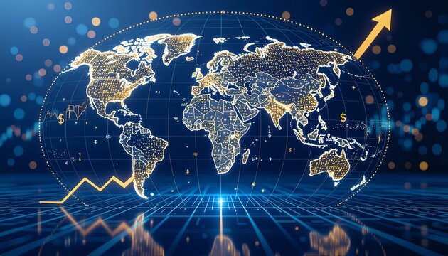 Global business growth visualization: technology, finance, data, map