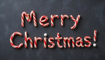 Merry christmas text made of candy cane on dark background, festive holiday season concept