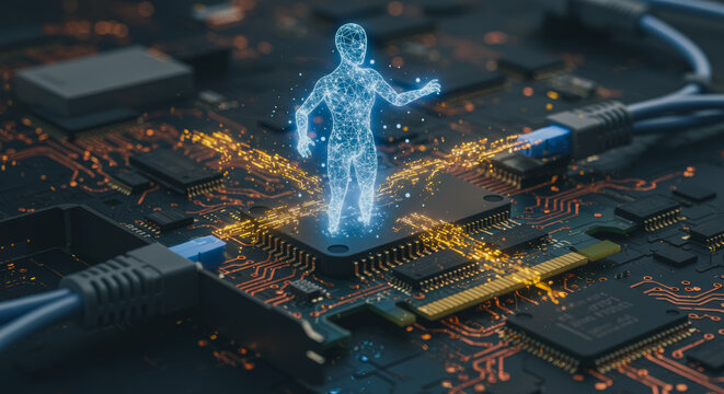 A Futuristic digital human hologram floats above an intricate circuit board, symbolizing the convergence of technology and the human form.