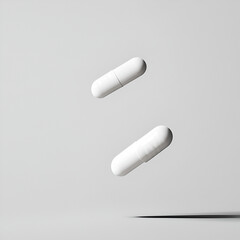 Two White Pills Suspended in Mid-Air, White Pills Floating in Mid-Air," "Suspended White Capsules," "Medicine Pills in Suspension," "Two Pills in Air," "Floating Pharmaceutical Pills," "Pills Floating
