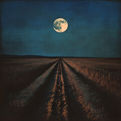 Two Tracks in the Dirt Under the Moon, Tracks Leading Under the Moon," "Dirt Tracks at Night," "Path Under the Moonlight," "Moonlit Dirt Road," "Tracks in the Moonlit Field," "Night Path with Full Moo