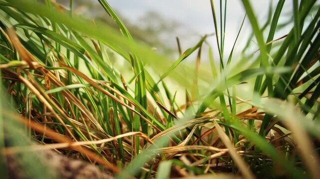 Close-up view of grass blades in natural light.