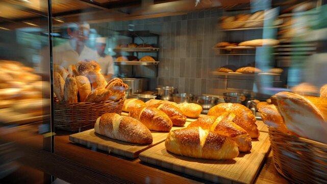 Freshly baked bread displayed in a bakery.