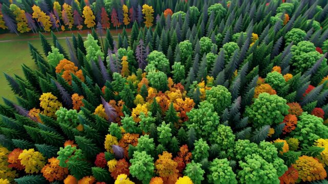 Aerial view of vibrant, colorful forest treetops.