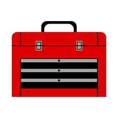 Red toolbox icon illustrating handyman work, construction site equipment and diy projects