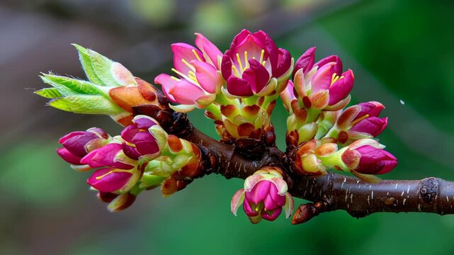 Vibrant buds on a tree branch in springtime.