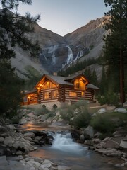 Fototapeta premium Cozy Log Cabin by Mountain Waterfall and Peaceful Forest Creek