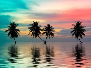 Obraz premium Silhouetted Palm Trees with Turquoise and Pink Sky Over Calm Water