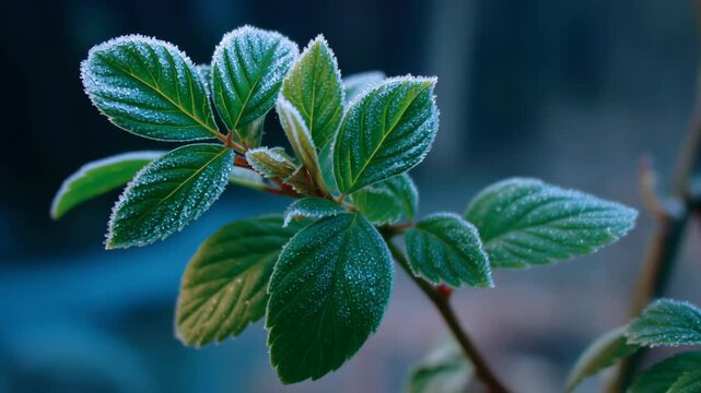 Frost-covered green leaves glistening in sunlight.