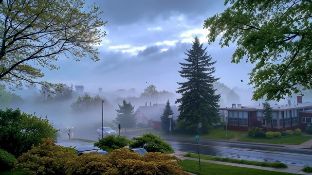 Misty morning view with lush green trees.