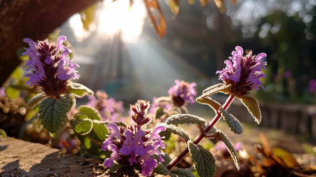 Vibrant purple flowers with sunlight backdrop.