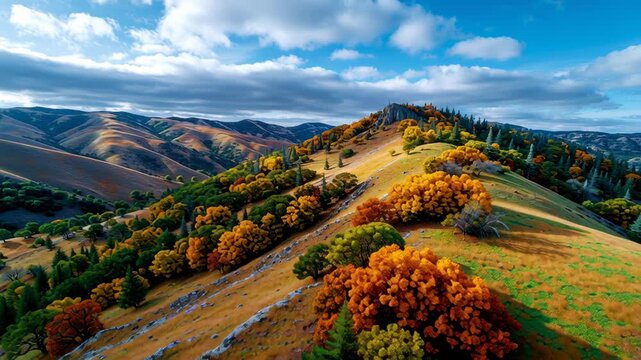 Vibrant autumn landscape with rolling hills.