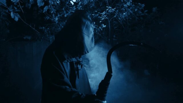 Classic grim reaper death in a cloak and holding a scythe with smoke or mysterious fog and backlighting in a cemetery graveyard. Edited in slow motion black and white with a blue tint.