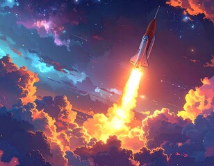 Obraz premium A rocket ship launches through vibrant, fiery clouds into the starry night sky
