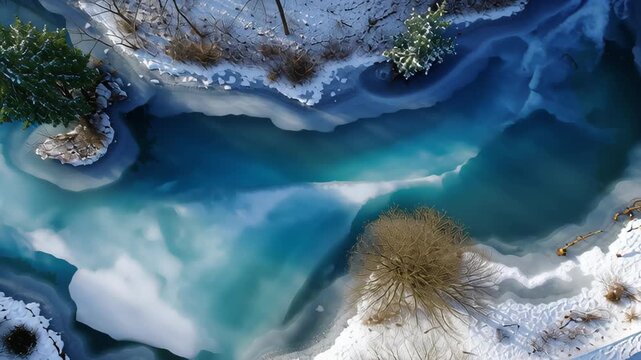 Frozen river landscape with snowy banks.