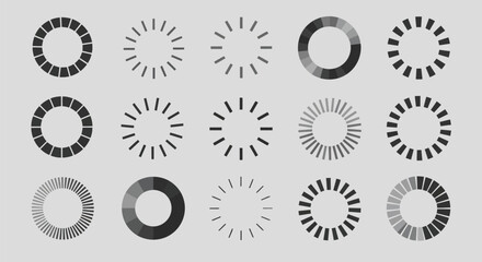 Collection of circular loading spinners and progress indicators silhouette