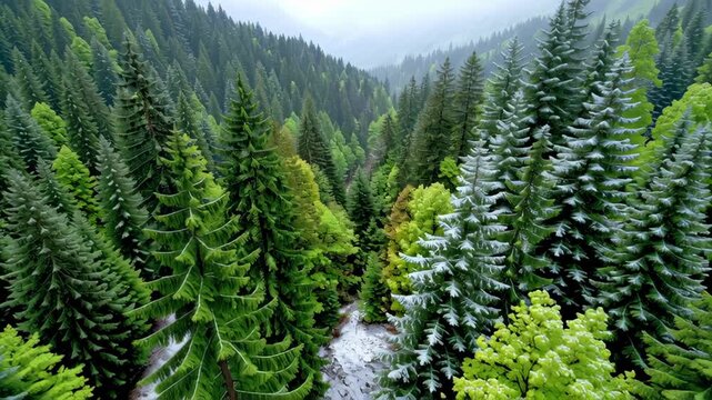 Lush green forest with snowy pine trees.