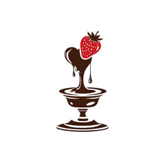 Stylized illustration of a fresh red strawberry dipped in dripping dark chocolate in a dessert dish