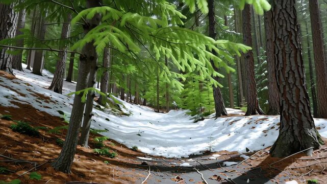 Snowy forest path among tall green trees.