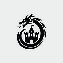 Dragon encircling a medieval castle silhouette logo design
