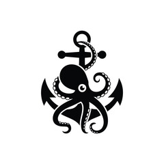 Naklejka premium Black silhouette of an octopus wrapped around a nautical anchor
