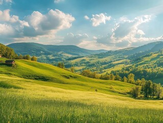 Lush green valley landscape with rolling hills and a mountain backdrop under a vibrant blue sky
