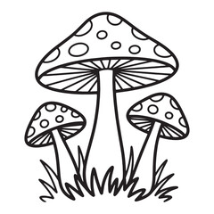 Mushroom group illustration in black and white design whimsical nature art