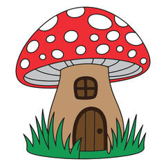 Cartoon Illustration of a Mushroom House with Door and Window