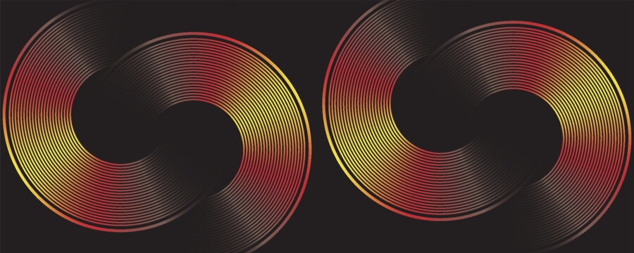 Dark geometric abstract background with overlapping circular lines in space. Circle style concept, modern graphic design element.