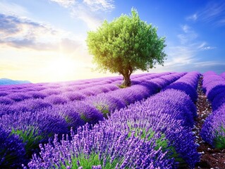 Lush lavender field at sunrise