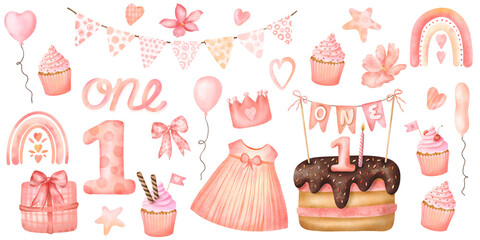 Watercolor first birthday girl set with cake, cupcakes, dress, balloons, rainbow and flowers. Cute pink party clipart for baby celebration. Hand drawn Illustrations