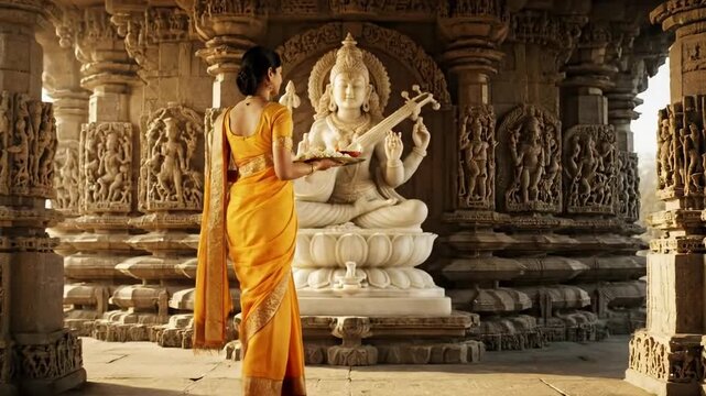 Devotee Offering Prayers to Goddess Saraswati on Vasant Panchami, Celebrating Knowledge and Wisdom in Temple Setting