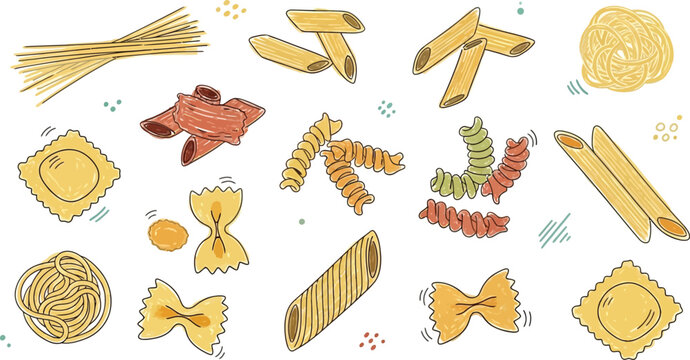 Realistic pasta types, farfalle, spaghetti and penne macaroni. Italian cuisine dish, dry organic pasta vector illustration set.