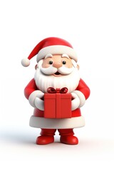 Flat lay cute santa holding a present white christmas character.