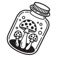 Mushrooms in a jar magical fantasy illustration in black and white