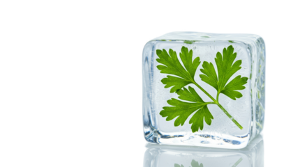 Green Parsley Herb Frozen In Clear Ice Cube On Light Green Background