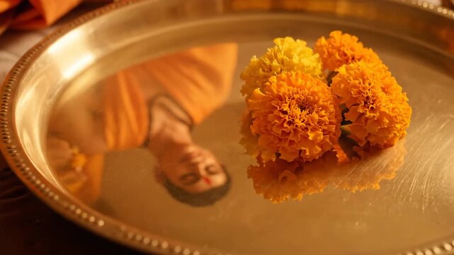 Vasant Panchami Ritual Marigold Offering for Saraswati Puja, Celebrating Knowledge and Spring with Floral Decor