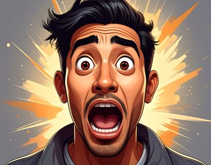 A man's exaggerated expression of shock, accompanied by a bright burst