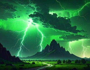 A vibrant green thunderstorm over a mountain range with lightning strikes