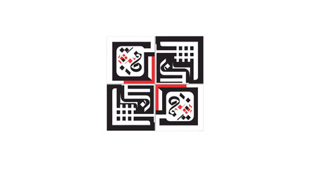 Abstract geometric design featuring Arabic calligraphy in a square arrangement with a red cross.